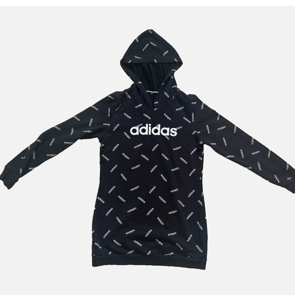 Adidas Women's True Black & White Logomania Graphic Long Hoodie, Size Medium